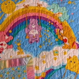 Care Bears Quilt Rainbow Satin Trim Star Backing Crib Toddler Bed Baby Blanket